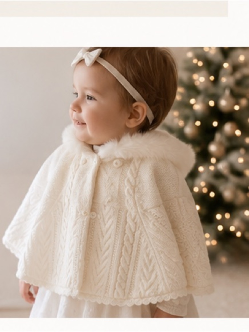 Sarah Louise Ivory Cable Knit Hooded Cape 18M, Faux Fur Trim Baby Girl Coat
